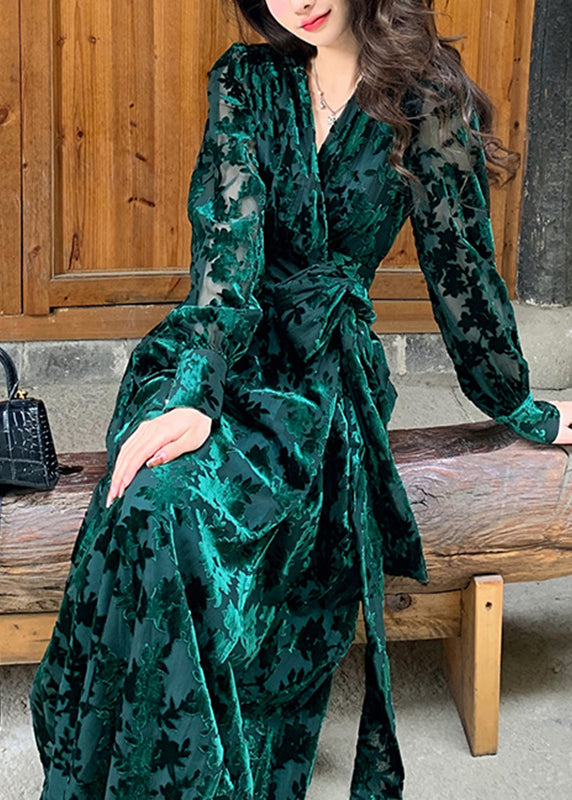 V Neck Wrap Front Velvet Burnout Floral Long Sleeve Maxi Dress