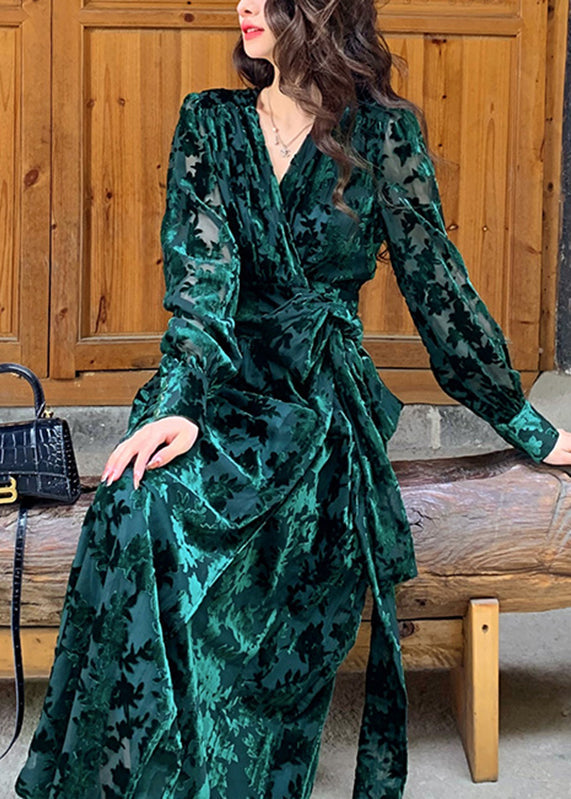 V Neck Wrap Front Velvet Burnout Floral Long Sleeve Maxi Dress
