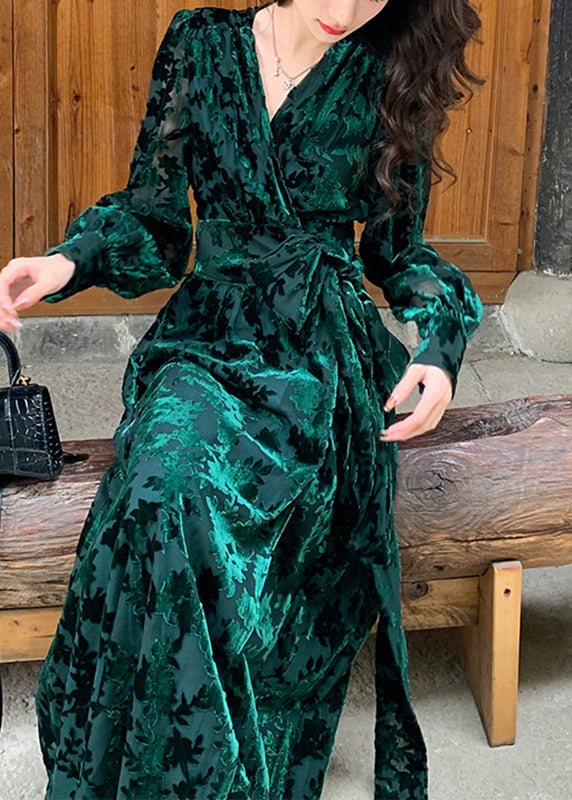 V Neck Wrap Front Velvet Burnout Floral Long Sleeve Maxi Dress