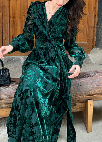 V Neck Wrap Front Velvet Burnout Floral Long Sleeve Maxi Dress
