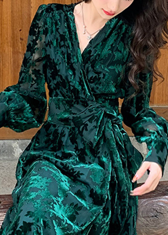 V Neck Wrap Front Velvet Burnout Floral Long Sleeve Maxi Dress