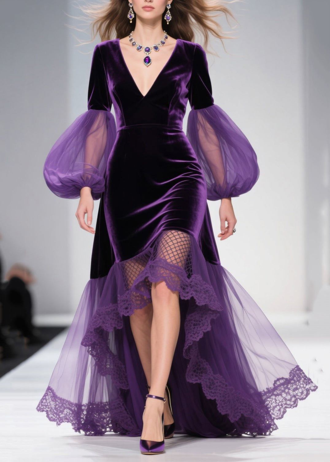 Deep V-Neck Velvet Bishop Sleeve Lace Trim High-Low Tulle Maxi Gown