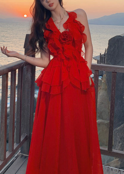 Halter Ruffle Applique Tiered Tulle Maxi Dress