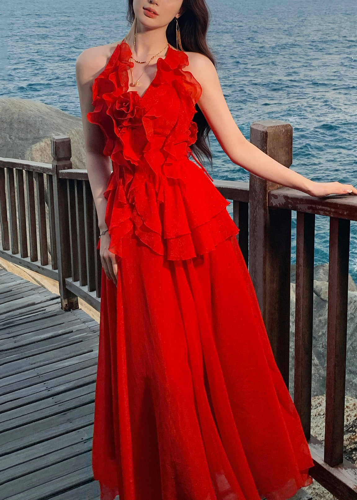 Halter Ruffle Applique Tiered Tulle Maxi Dress