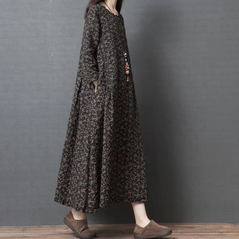 Scalloped Neck Ditsy Floral Long Sleeve A-Line Maxi Dress