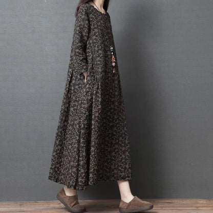 Scalloped Neck Ditsy Floral Long Sleeve A-Line Maxi Dress