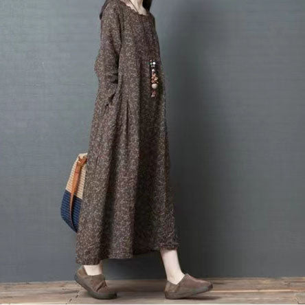 Scalloped Neck Ditsy Floral Long Sleeve A-Line Maxi Dress