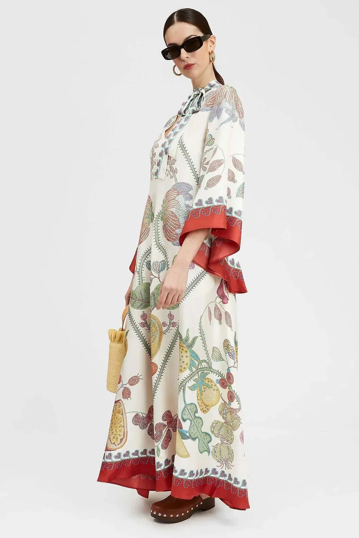 Botanical Print Tie-Neck Bell Sleeve Border Trim Maxi Dress