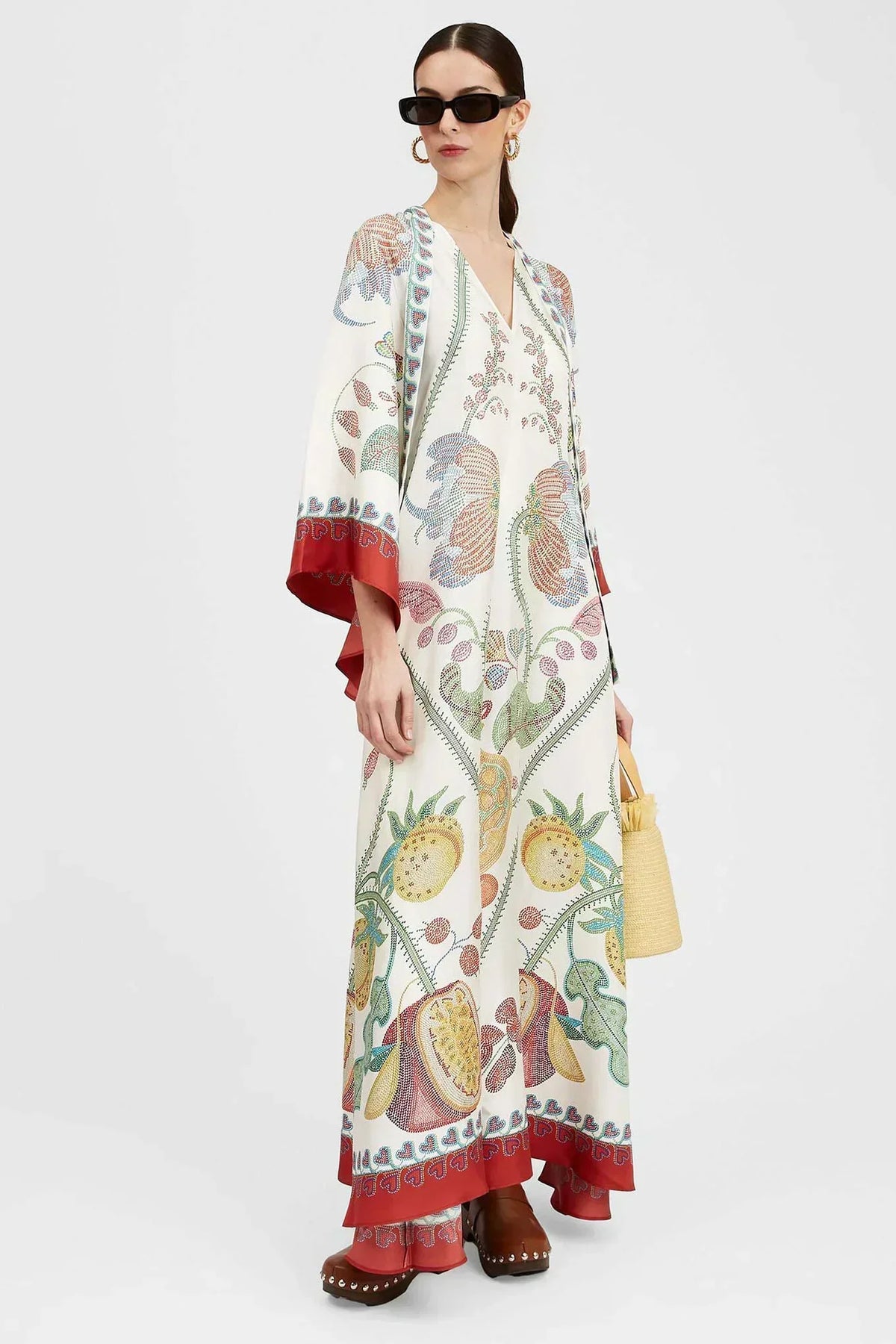 Botanical Print Tie-Neck Bell Sleeve Border Trim Maxi Dress