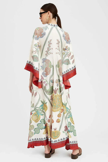 Botanical Print Tie-Neck Bell Sleeve Border Trim Maxi Dress