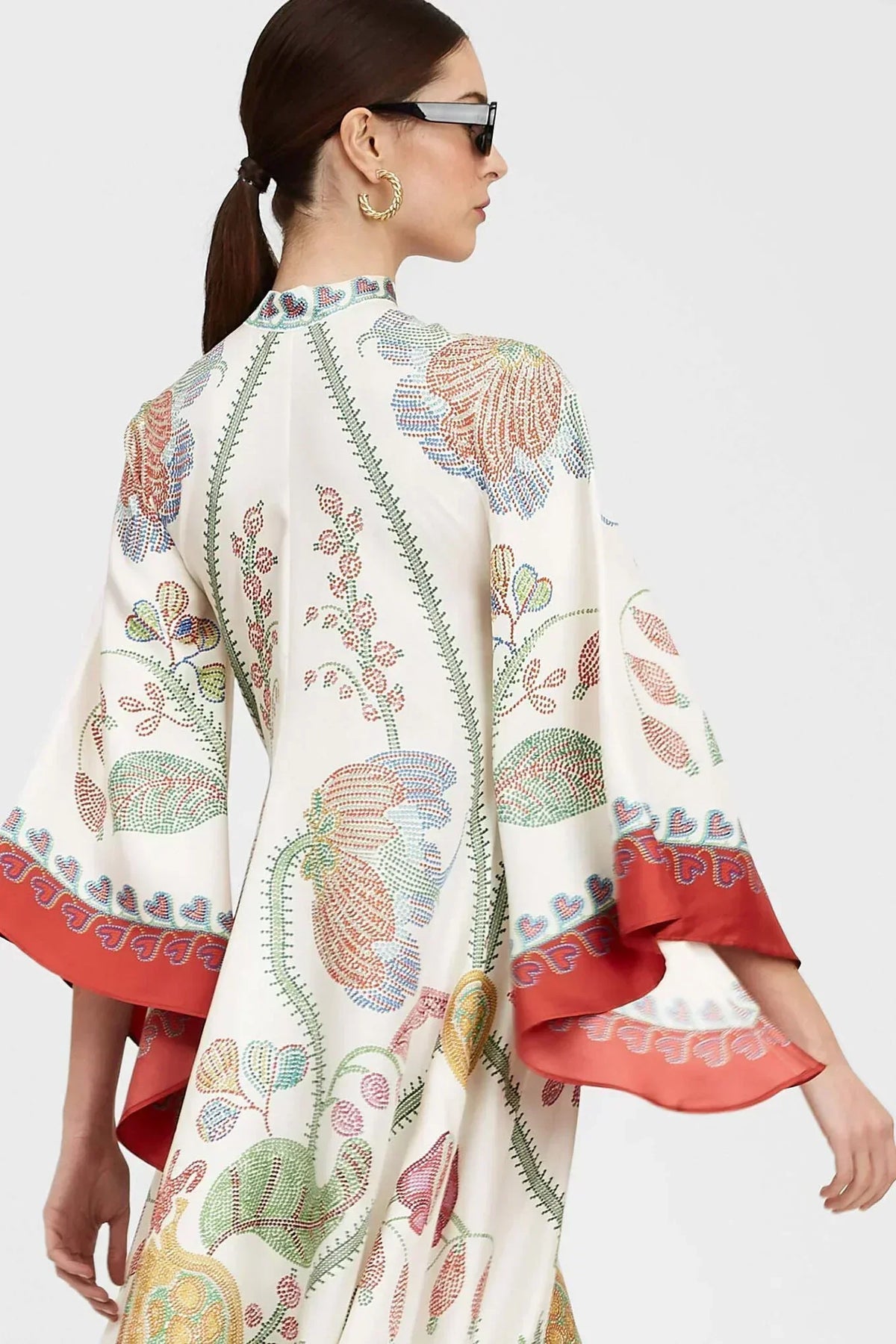 Botanical Print Tie-Neck Bell Sleeve Border Trim Maxi Dress