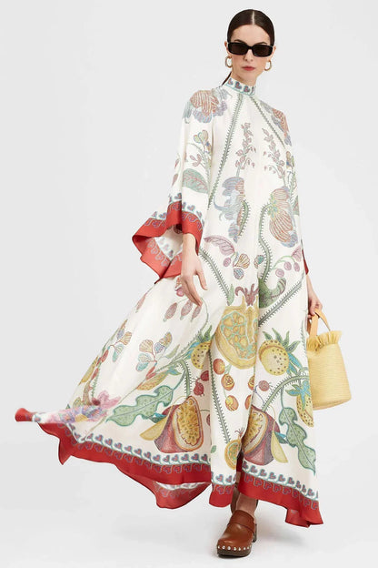 Botanical Print Tie-Neck Bell Sleeve Border Trim Maxi Dress