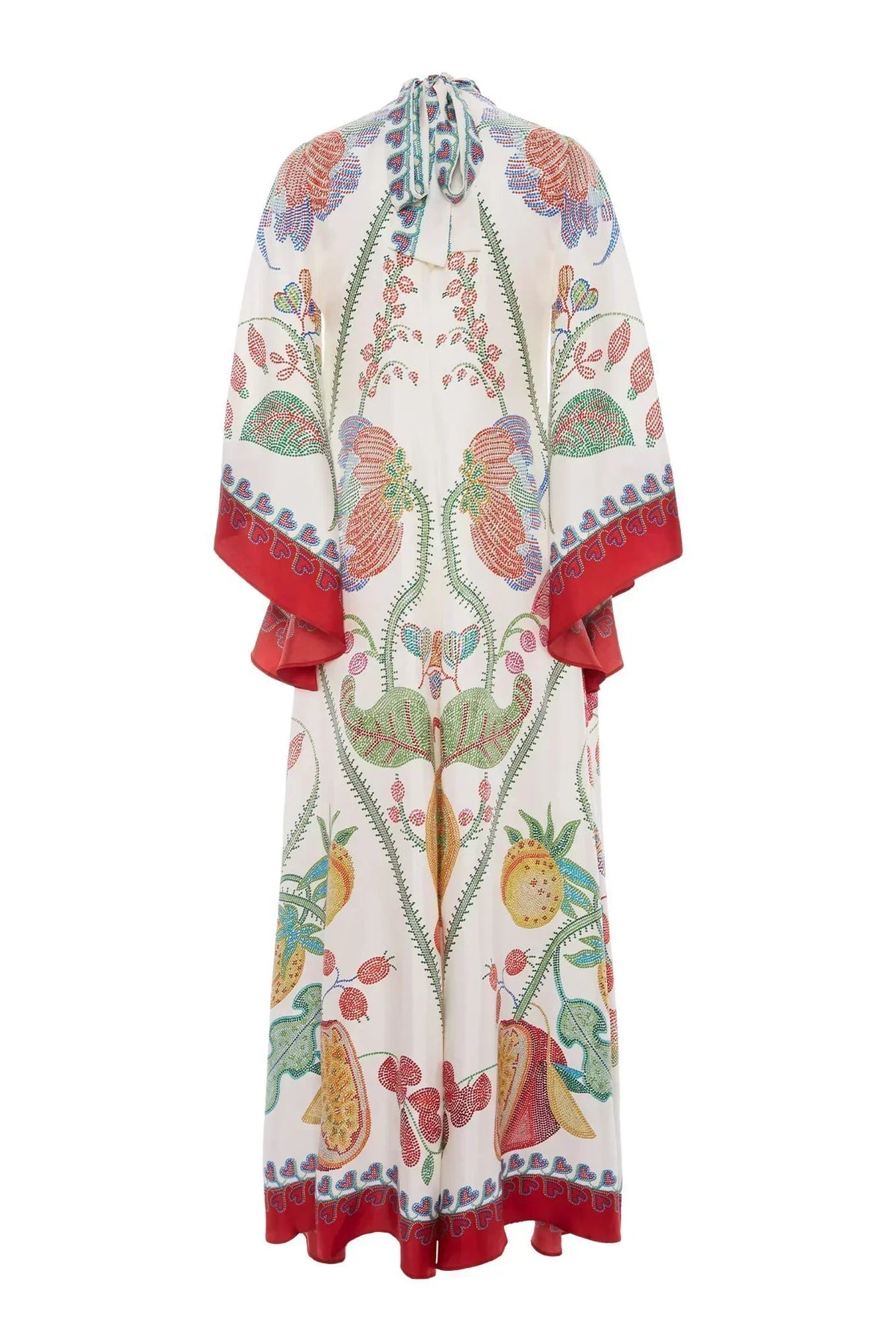 Botanical Print Tie-Neck Bell Sleeve Border Trim Maxi Dress