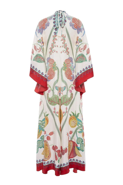 Botanical Print Tie-Neck Bell Sleeve Border Trim Maxi Dress