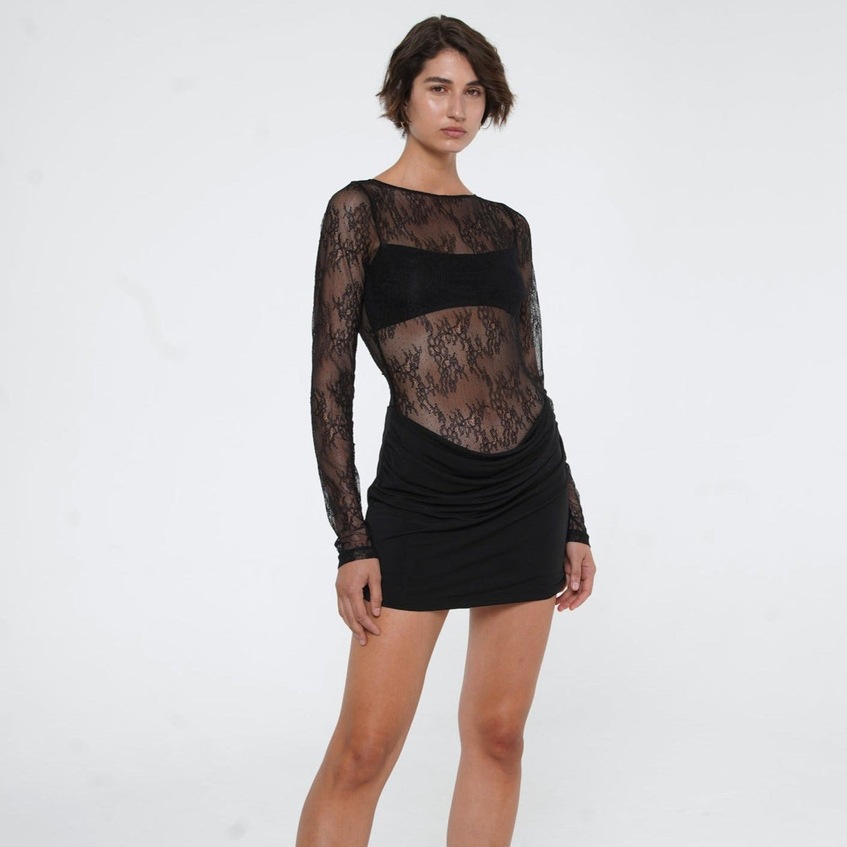 Crew Neck Long Sleeve Sheer Lace Bodice Solid Skirt Mini Dress