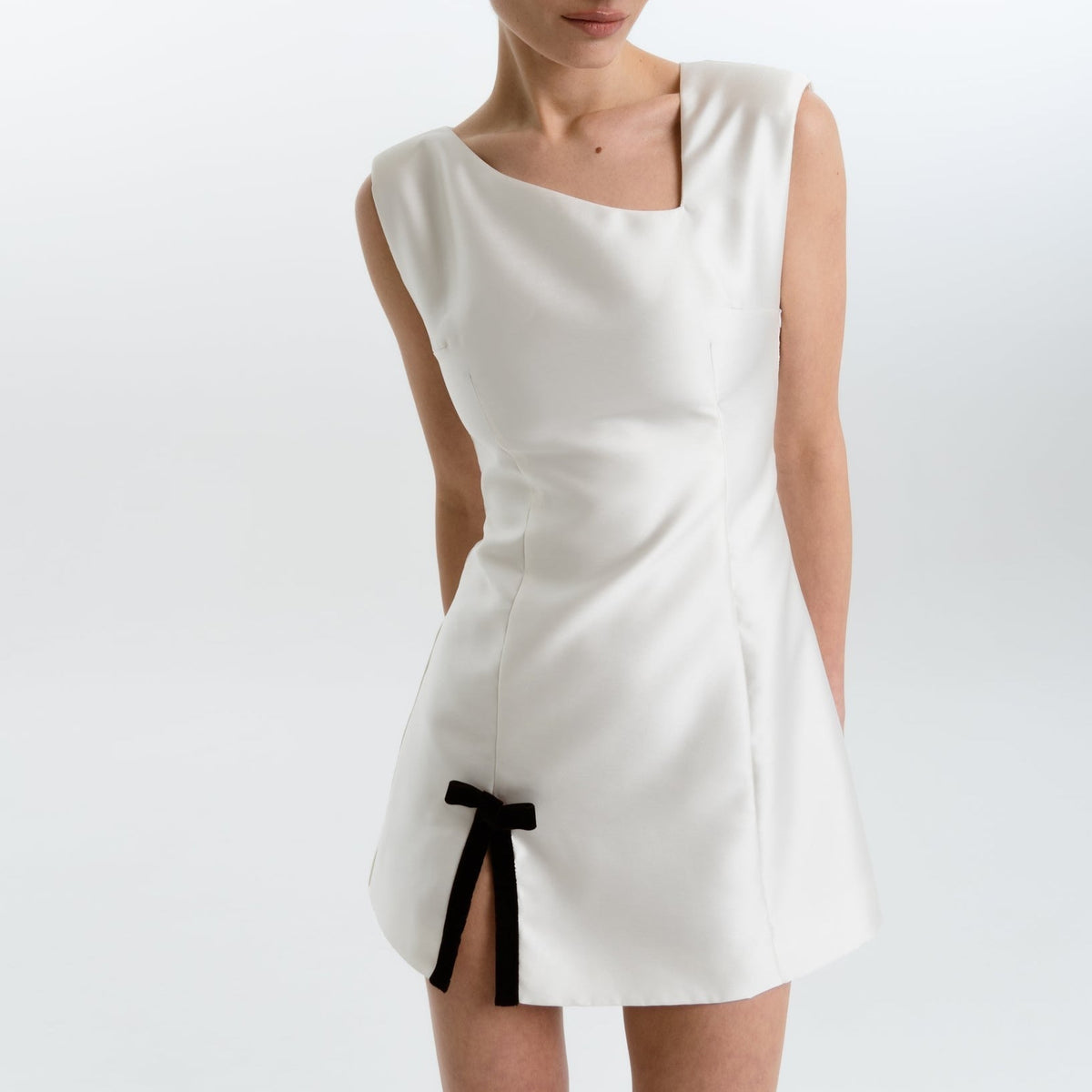 Cowl Neck Ruched Side Tie Satin Bodycon Mini Dress
