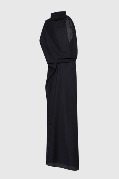 High Neck Asymmetric Draped Fold Satin Column Maxi Dress