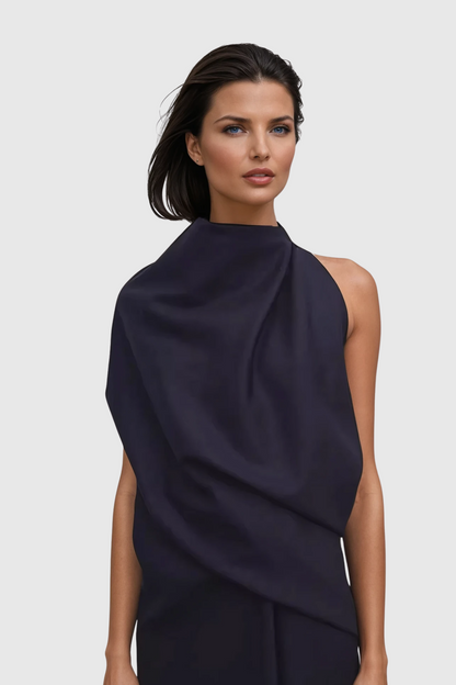 High Neck Asymmetric Draped Fold Satin Column Maxi Dress