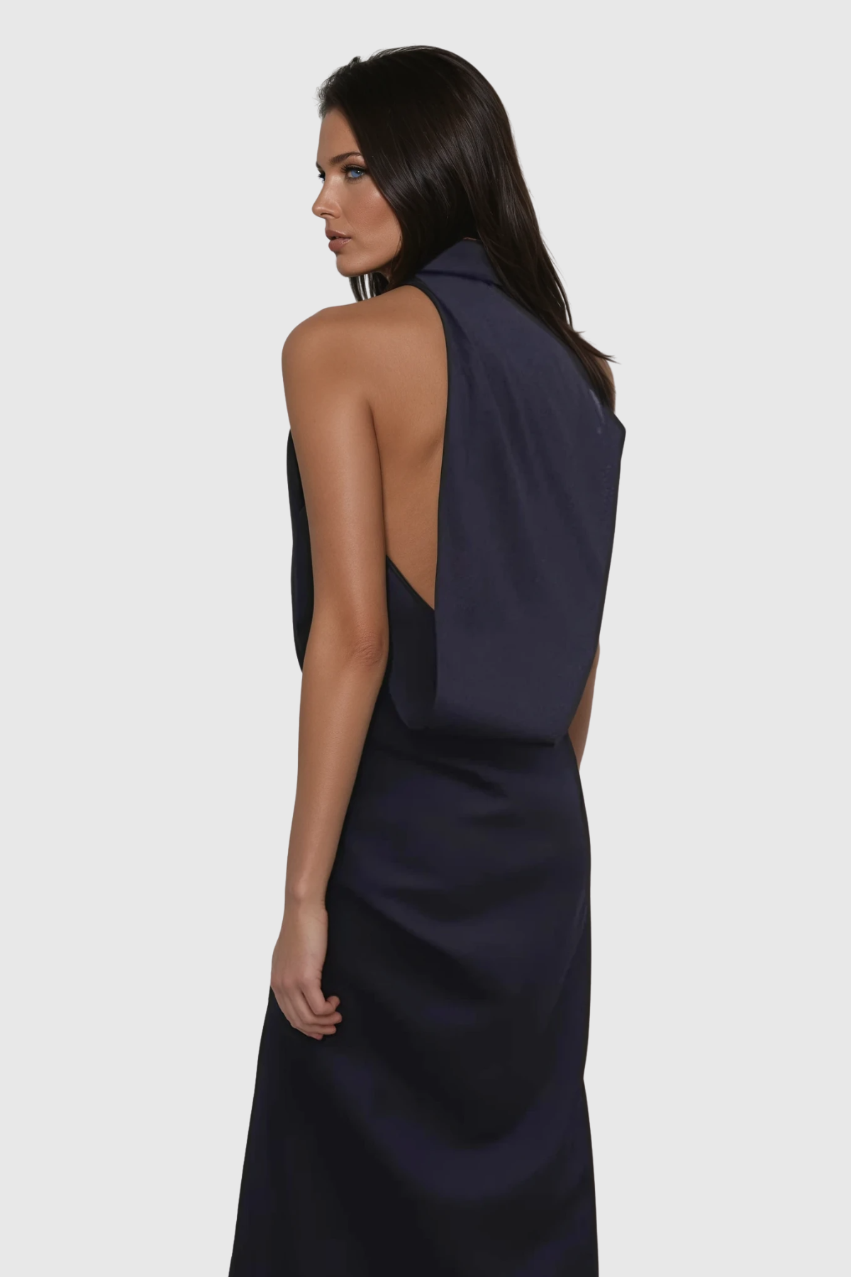 High Neck Asymmetric Draped Fold Satin Column Maxi Dress