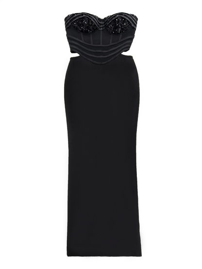 Sweetheart Strapless Sequin Bust Corset Mesh Cutout Bandage Maxi Dress