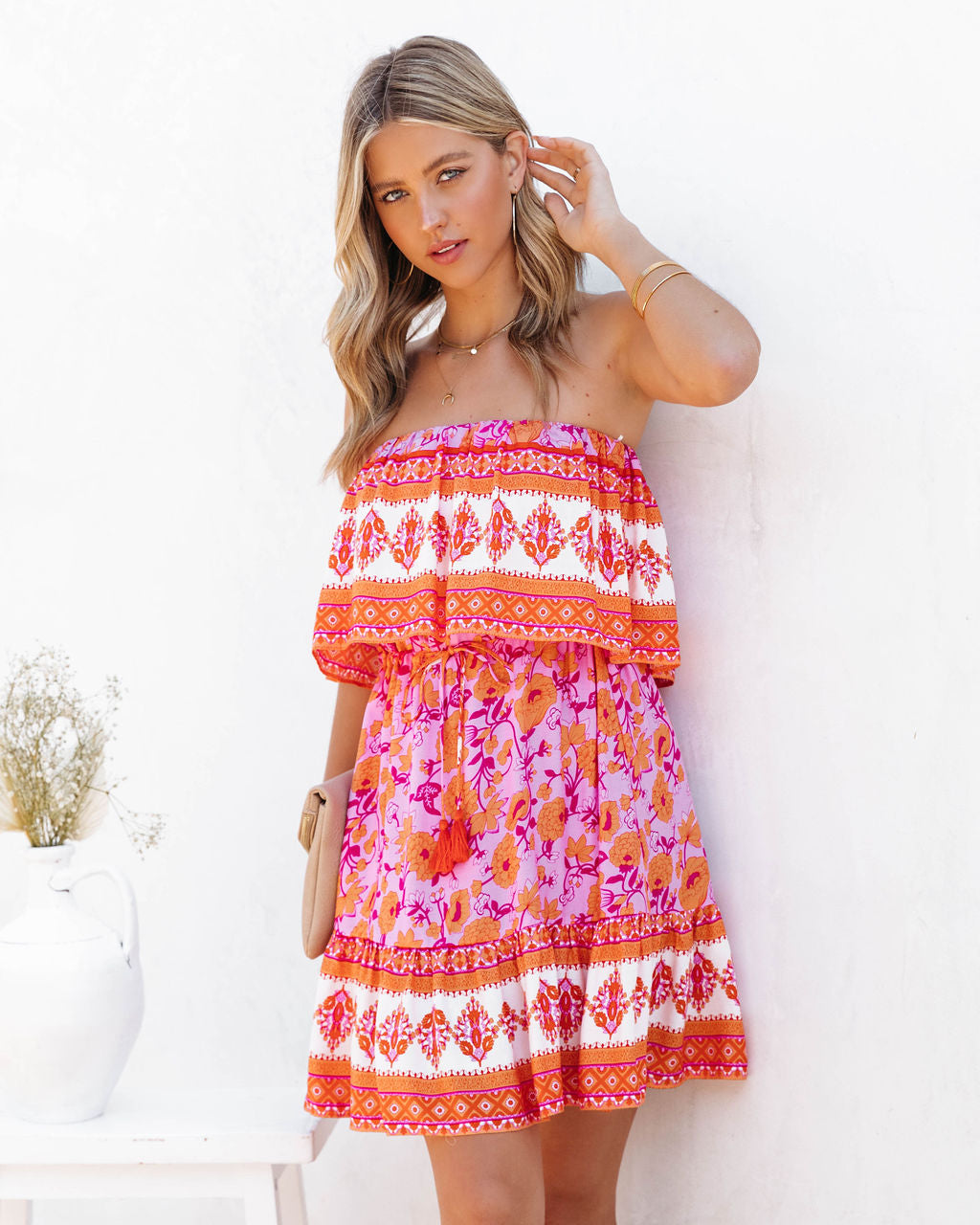 Strapless Ruffle Neck Drawstring Tier Floral Mini Dress