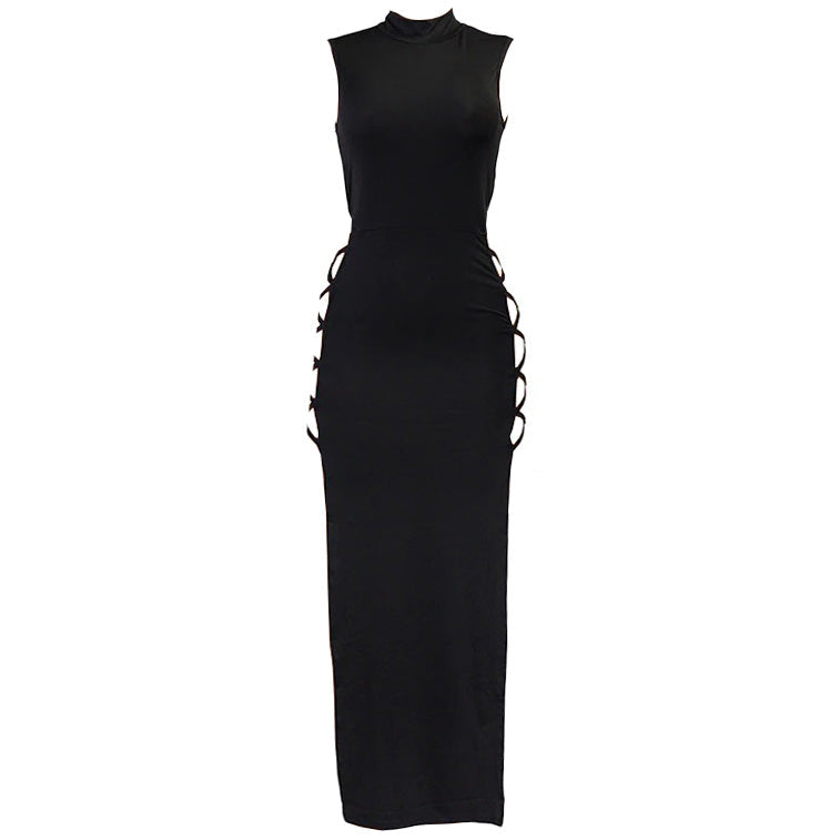 Mock Neck Side Lace Up Cutout Bodycon Maxi Dress