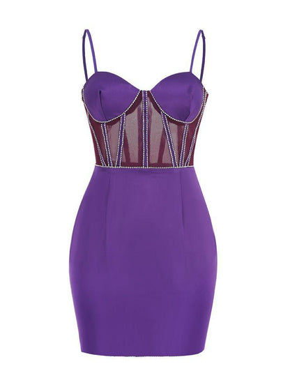 Sweetheart Rhinestone Trim Mesh Corset Spaghetti Strap Satin Mini Dress