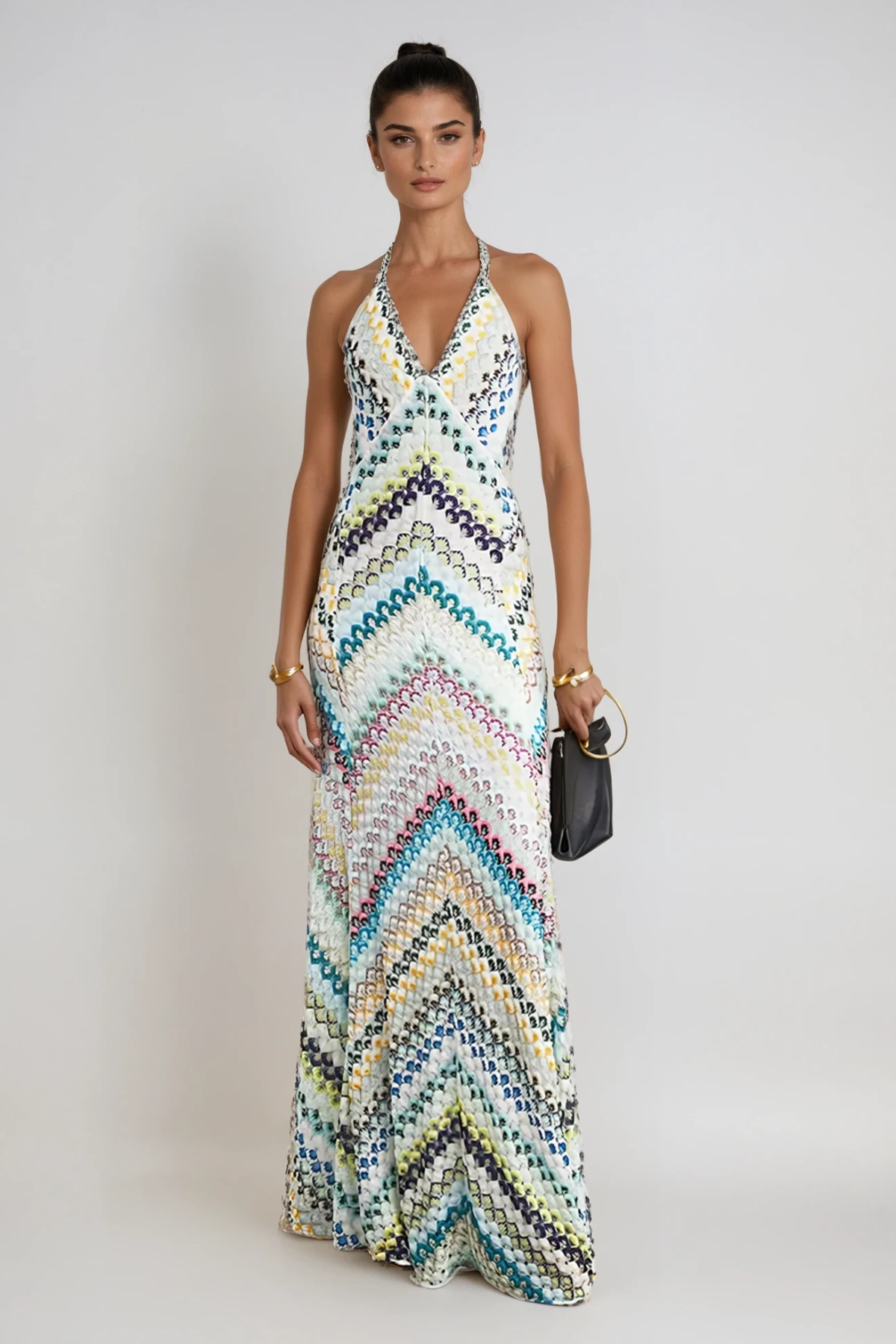 Halter Deep V Neck Chevron Pattern Maxi Dress