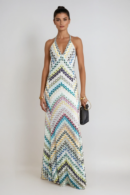 Halter Deep V Neck Chevron Pattern Maxi Dress
