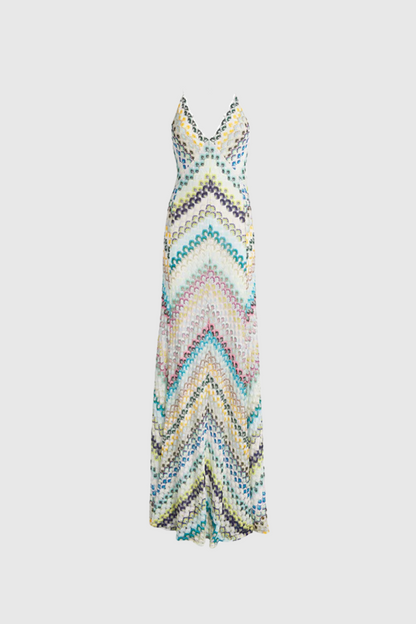 Halter Deep V Neck Chevron Pattern Maxi Dress