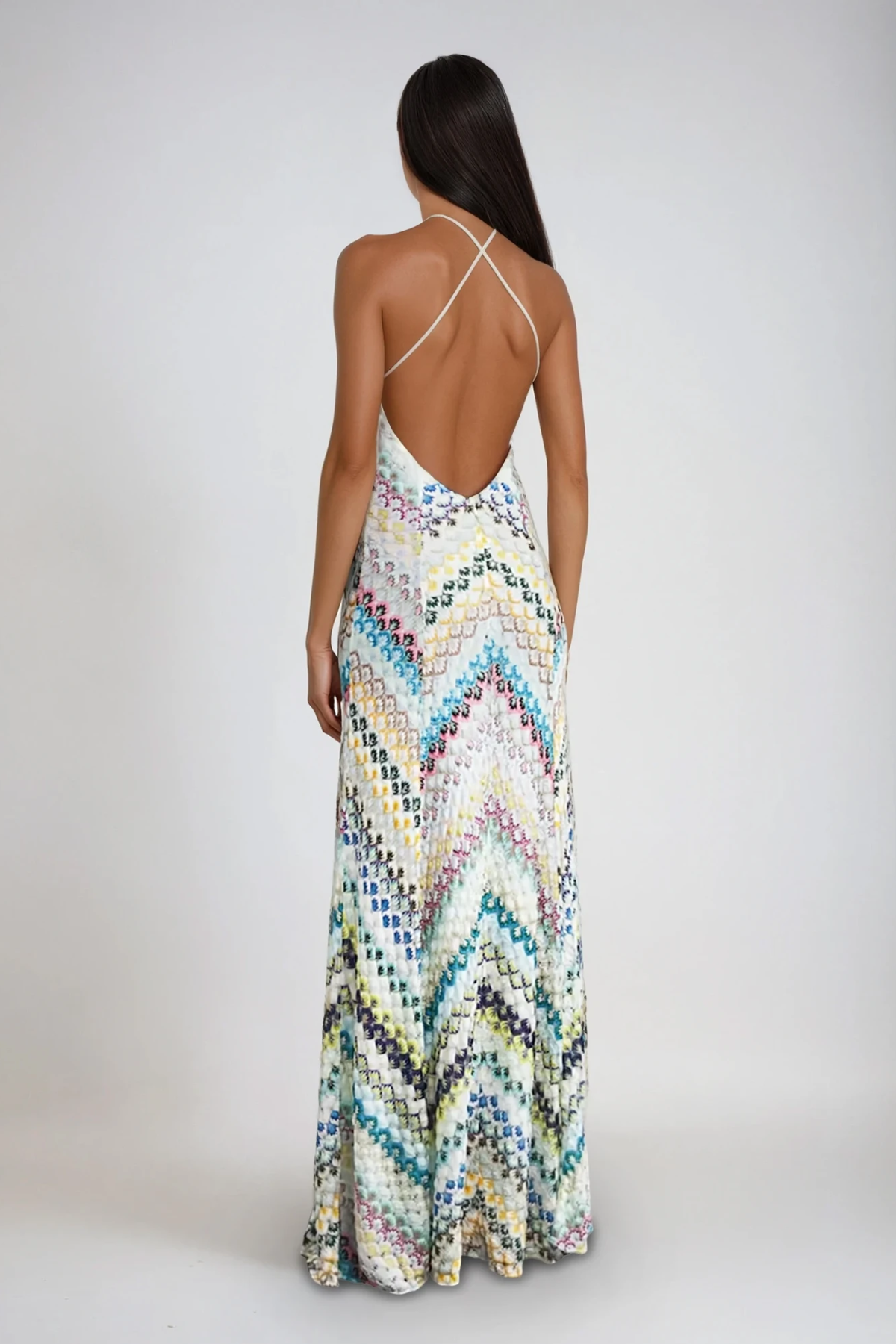 Halter Deep V Neck Chevron Pattern Maxi Dress