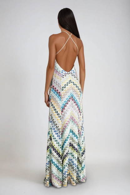 Halter Deep V Neck Chevron Pattern Maxi Dress