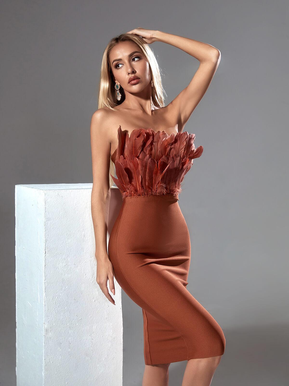 Strapless Feather Bodice Ribbed Bandage Midi Dress
