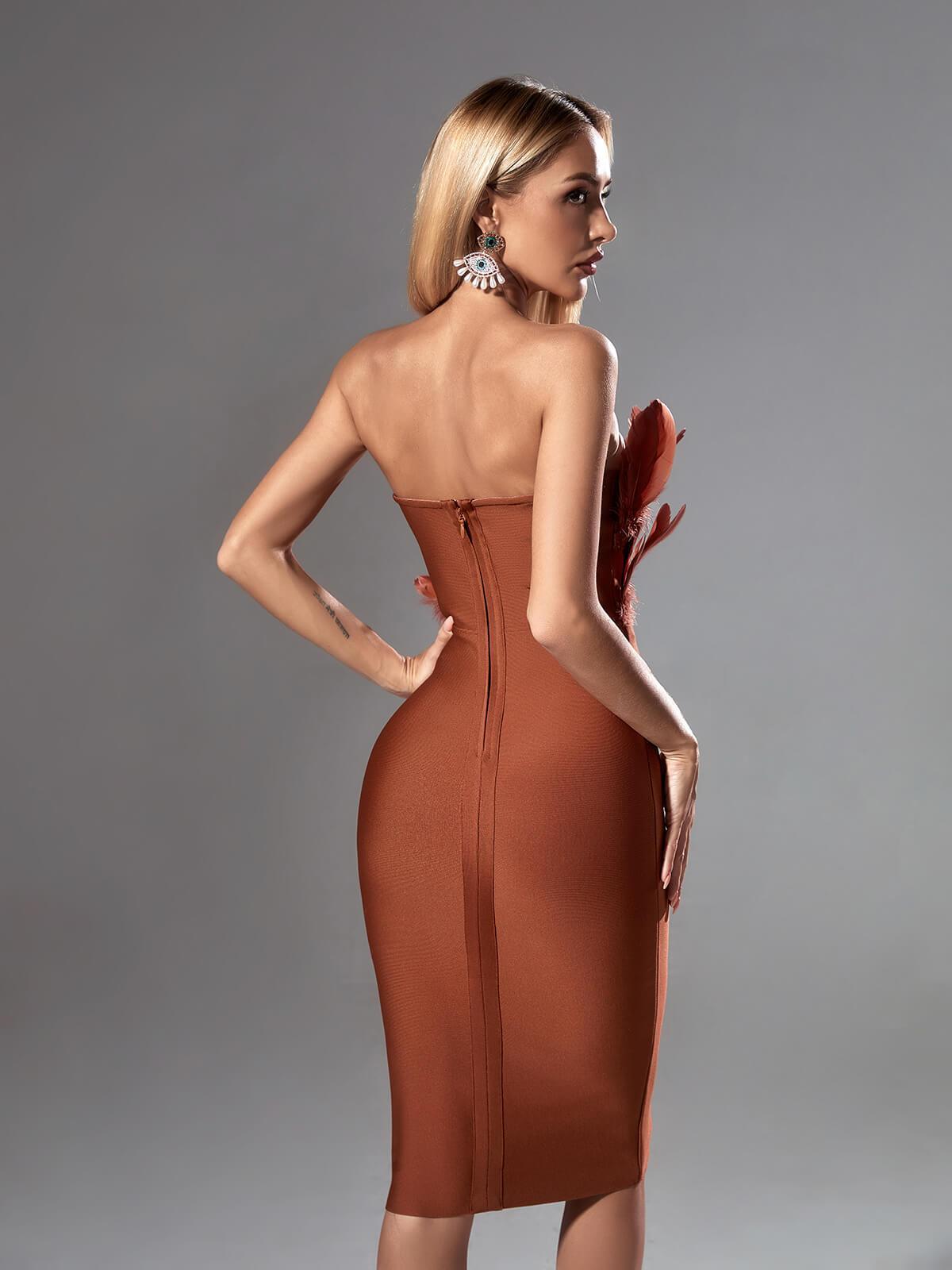 Strapless Feather Bodice Ribbed Bandage Midi Dress