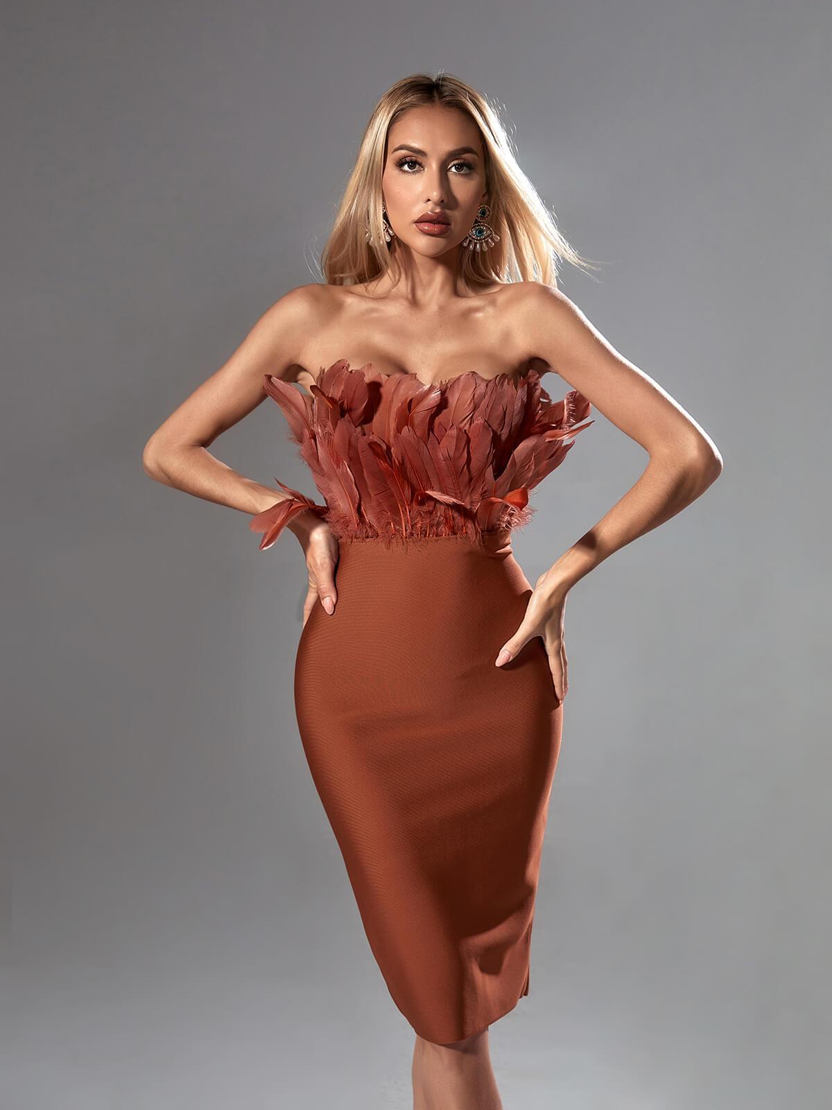 Strapless Feather Bodice Ribbed Bandage Midi Dress