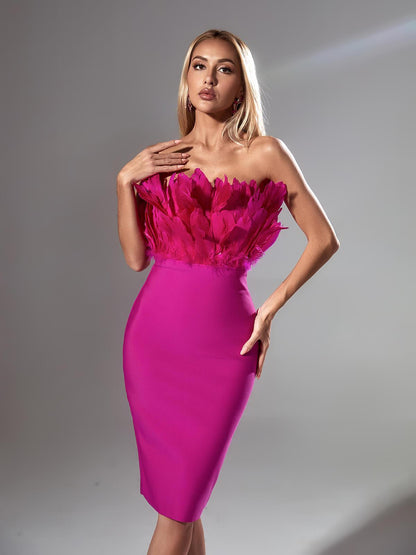 Strapless Feather Bodice Bodycon Bandage Midi Dress