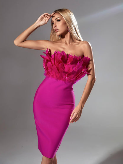Strapless Feather Bodice Bodycon Bandage Midi Dress