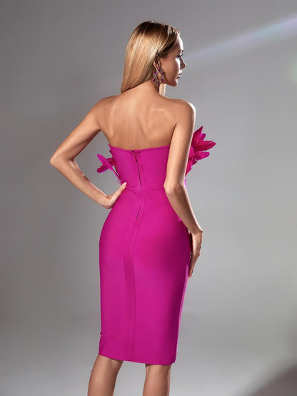 Strapless Feather Bodice Bodycon Bandage Midi Dress