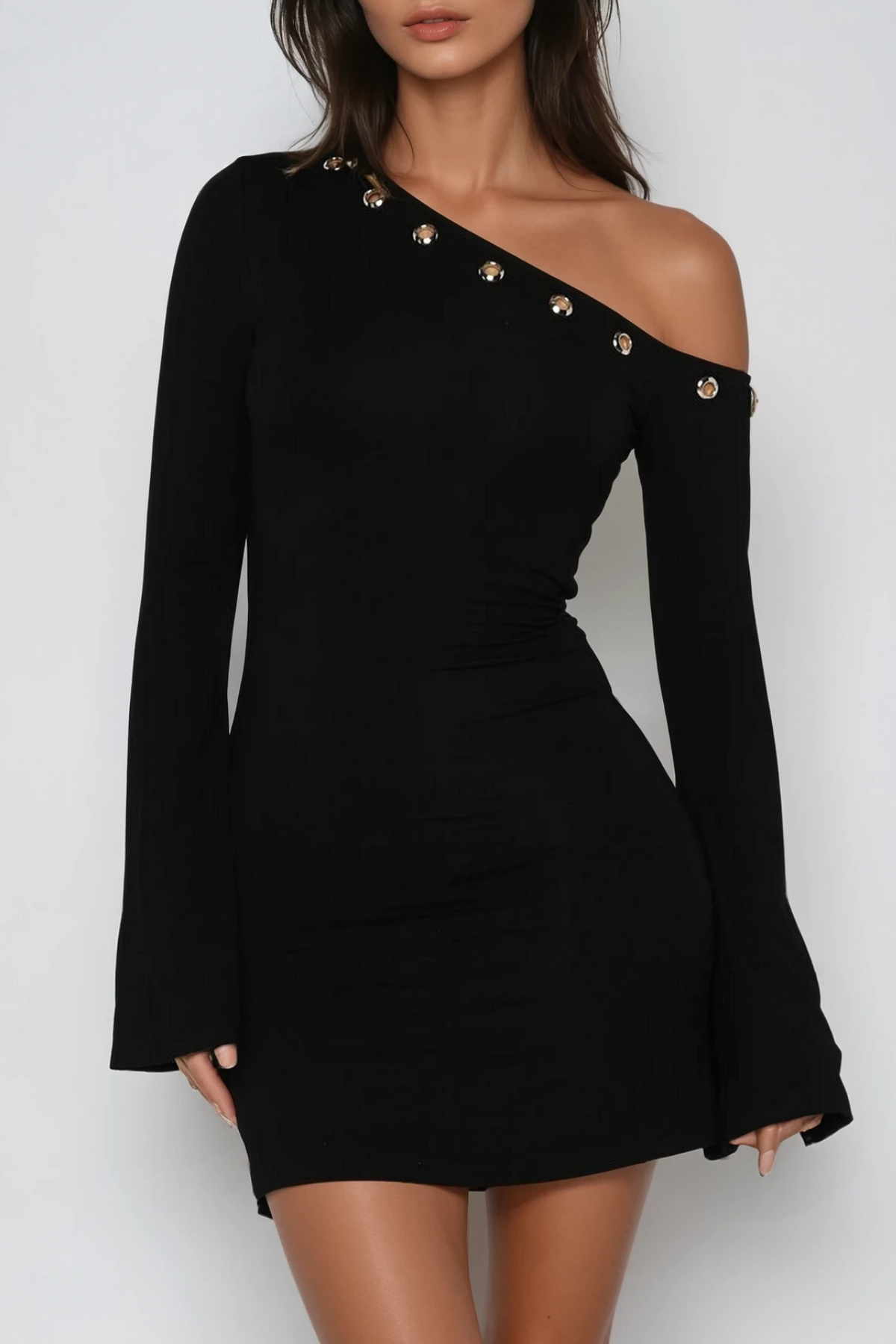 One Shoulder Grommet Trim Bell Sleeve Rib Knit Bodycon Mini Dress