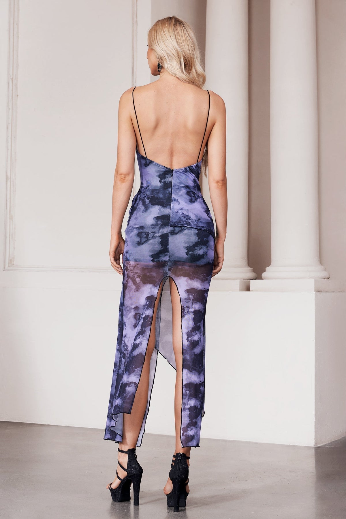 Cowl Strap Abstract Print Ruched Lettuce Hem Midi Dress
