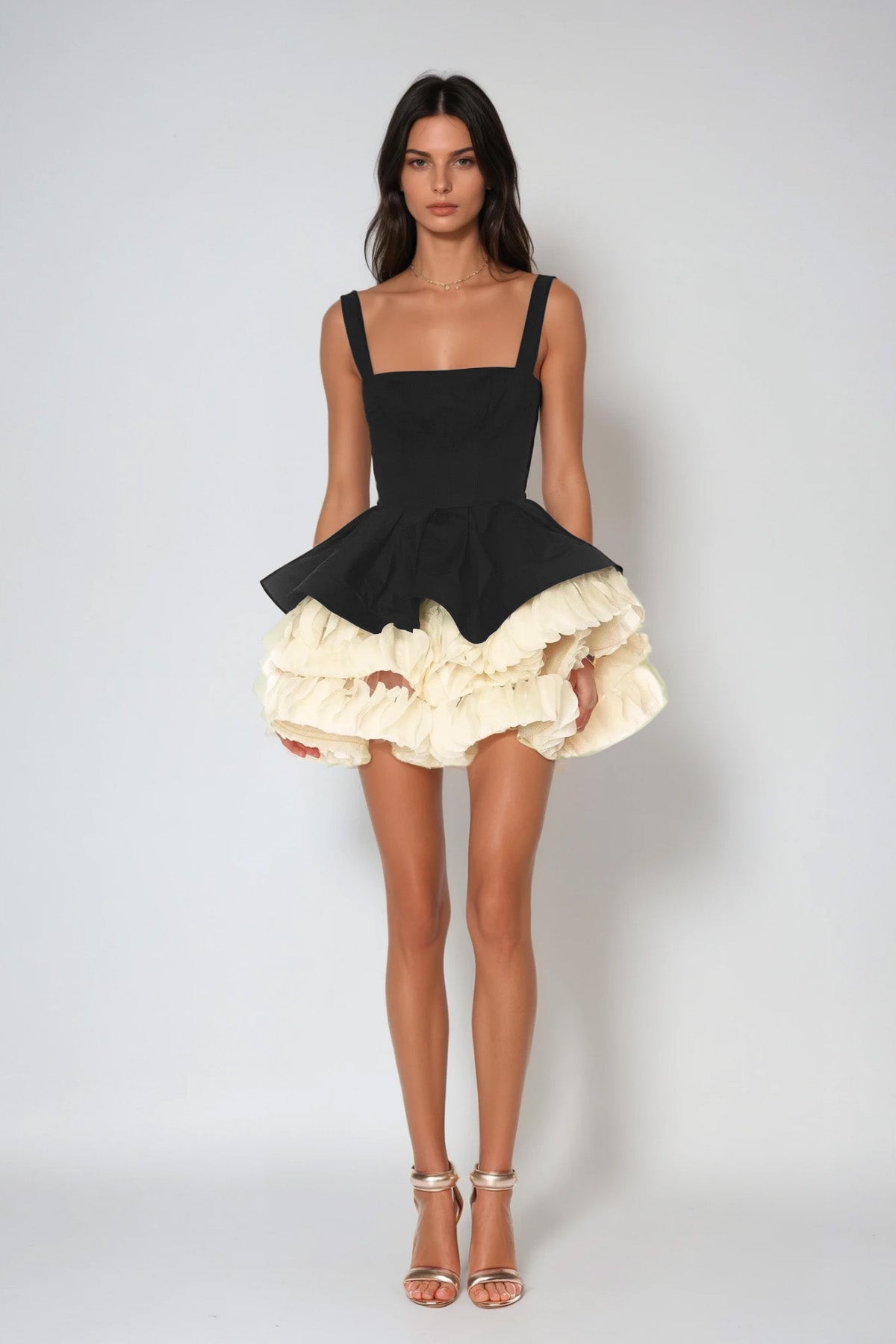 Square Neck Peplum Ruffle Tier Puff Skirt Mini Dress