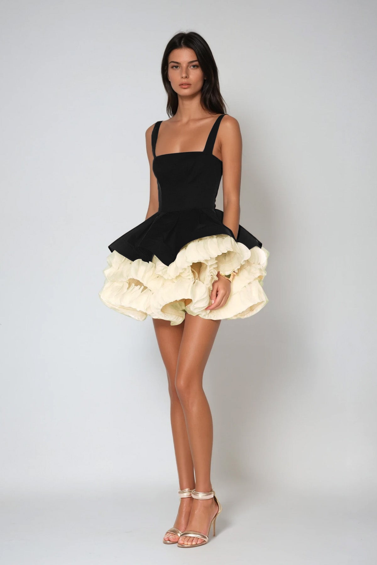 Square Neck Peplum Ruffle Tier Puff Skirt Mini Dress
