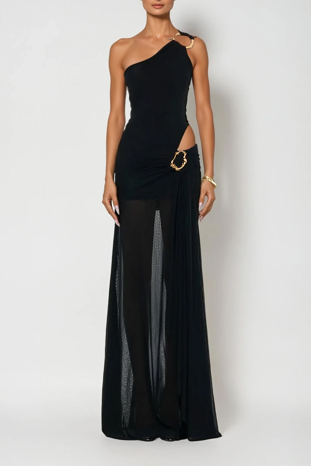 One Shoulder Waist Cutout Ruched Metal Ring Sheer Skirt Maxi Dress