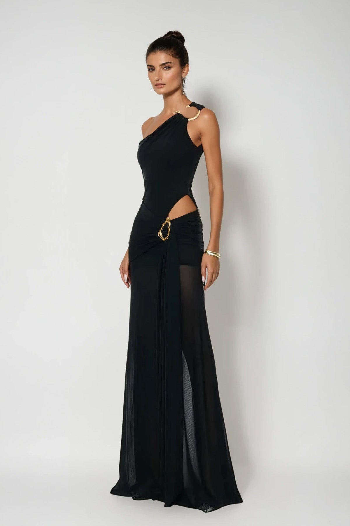 One Shoulder Waist Cutout Ruched Metal Ring Sheer Skirt Maxi Dress
