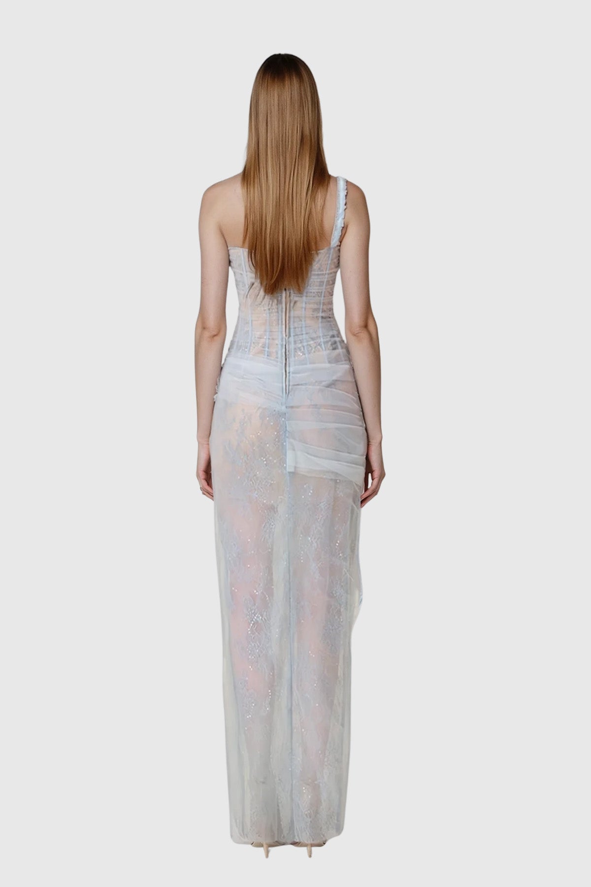 One Shoulder Corset Lace Tulle Knotted Drape Midi Dress