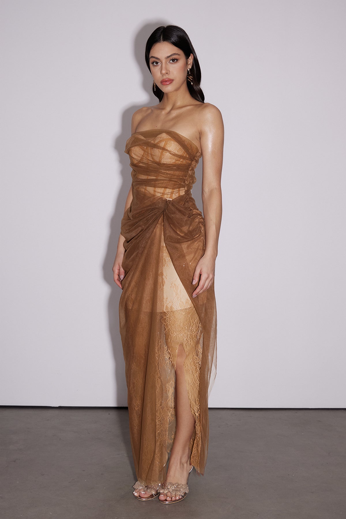 Strapless Corset Lace Mesh Draped Knot Maxi Dress