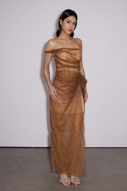 Strapless Corset Lace Mesh Draped Knot Maxi Dress
