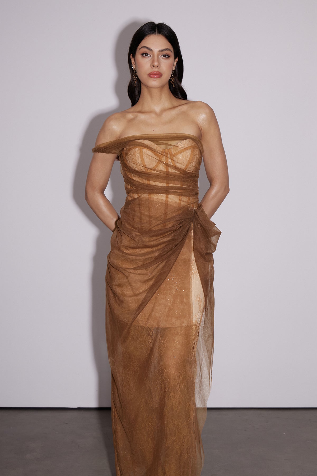 Strapless Corset Lace Mesh Draped Knot Maxi Dress
