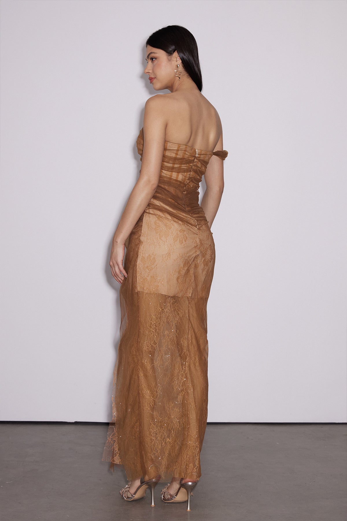 Strapless Corset Lace Mesh Draped Knot Maxi Dress