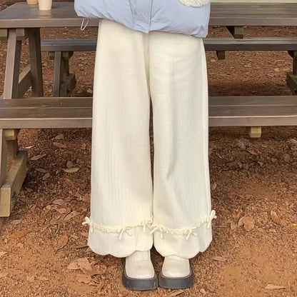 Bow Lace Corduroy Wide Leg Pants